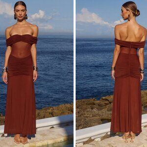 Runaway The Label Meila Maxi Dress in Espresso brown mesh gown off shoulder